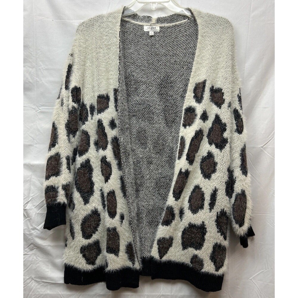 Umgee Women's Fuzzy Animal Leopard Print Open Front Cardigan Sweater Sz Small